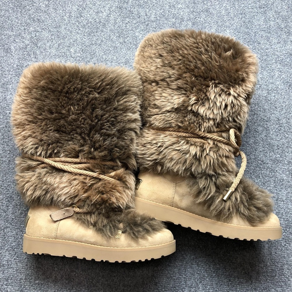 Y2K UGG Classic Posh Short Fur Pull-on Boots Beachwood Long Sheepskin Size 9 - Picture 4 of 13